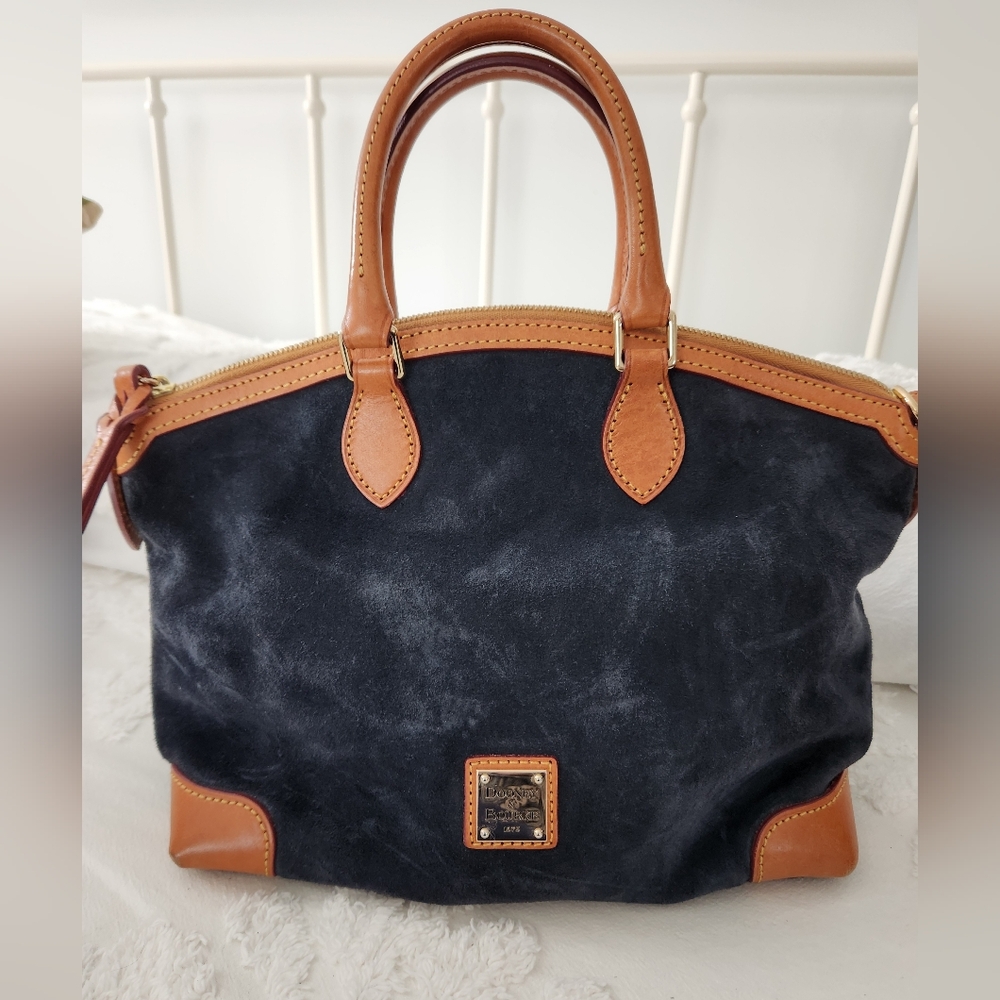 Dooney & Bourke Black Suede Satchel with Brown Leather Trim